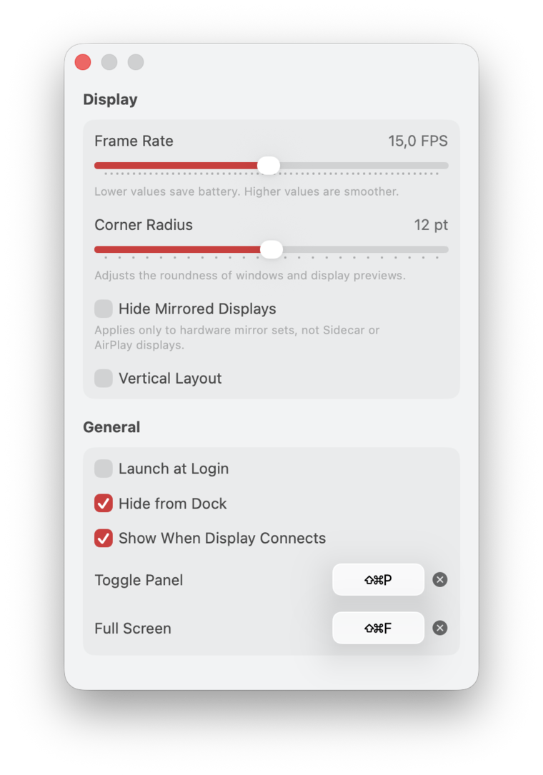 Periphery's settings window with layout, frame rate and shortcut options